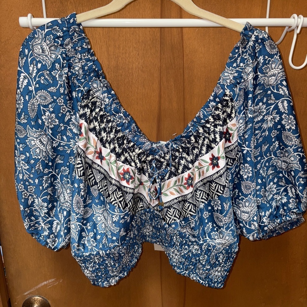 Joie NWT Blue Off Shoulder Boho Crop Top Medium Floral Puff Sleeve Blouse